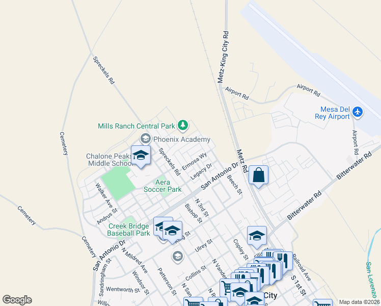 map of restaurants, bars, coffee shops, grocery stores, and more near 773 Brandywine Lane in King City