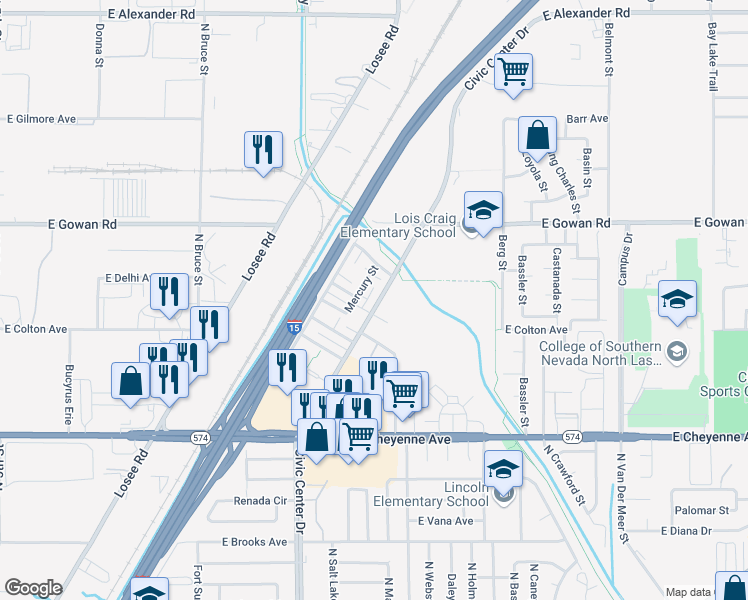 map of restaurants, bars, coffee shops, grocery stores, and more near 2300 Seco Adobe Circle in North Las Vegas