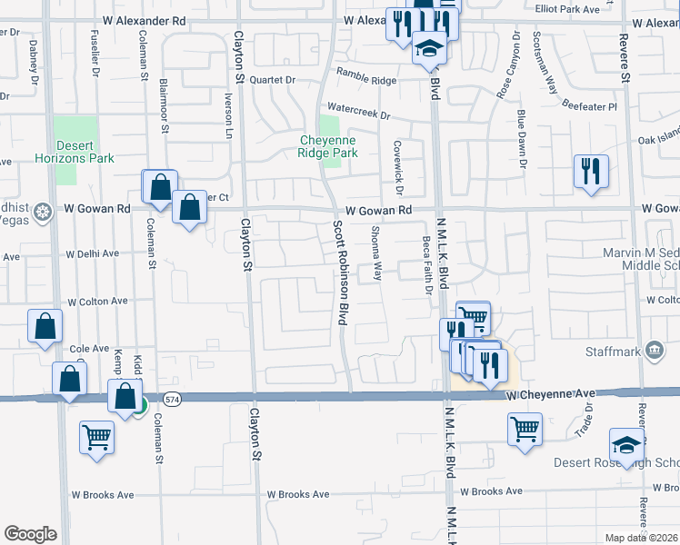 map of restaurants, bars, coffee shops, grocery stores, and more near 3425 Capitol Reef Drive in North Las Vegas