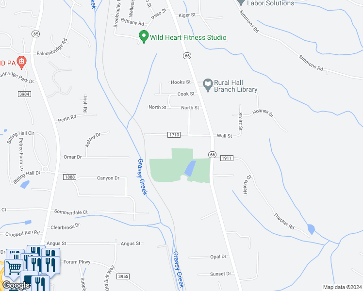 map of restaurants, bars, coffee shops, grocery stores, and more near 334 West Wall Street in Rural Hall
