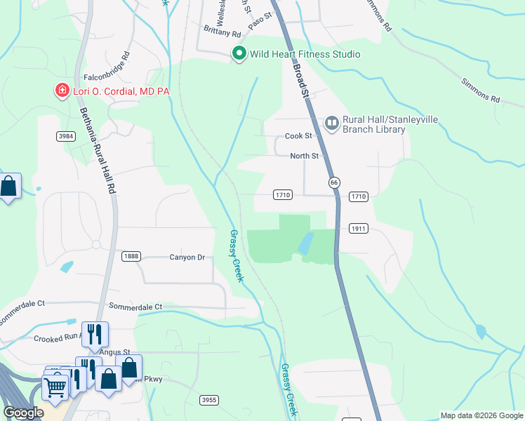 map of restaurants, bars, coffee shops, grocery stores, and more near 334 W Wall St in Rural Hall
