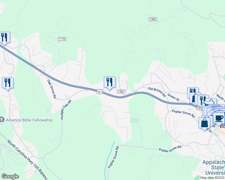 map of restaurants, bars, coffee shops, grocery stores, and more near 1557 North Carolina 194 in Boone