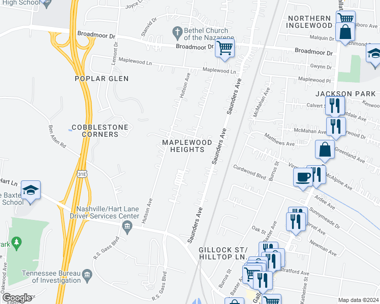 map of restaurants, bars, coffee shops, grocery stores, and more near Edwards Avenue in Nashville