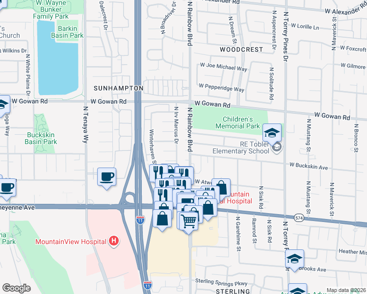 map of restaurants, bars, coffee shops, grocery stores, and more near 6704 West Lost River Court in Las Vegas