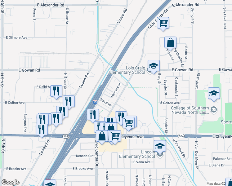 map of restaurants, bars, coffee shops, grocery stores, and more near 3408 Mercury Street in North Las Vegas