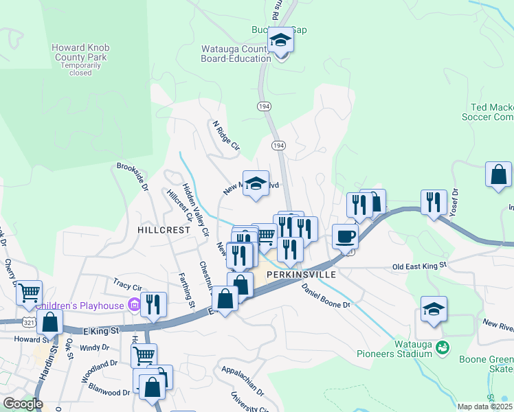 map of restaurants, bars, coffee shops, grocery stores, and more near 361 Jefferson Road in Boone