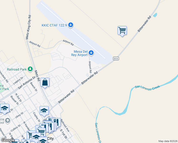 map of restaurants, bars, coffee shops, grocery stores, and more near 101 Airport Road in King City