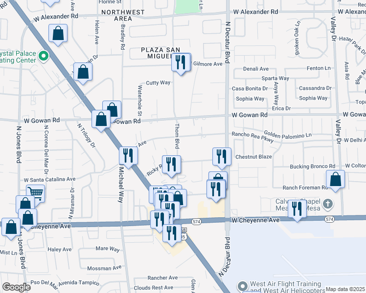 map of restaurants, bars, coffee shops, grocery stores, and more near 3416 Thom Boulevard in Las Vegas