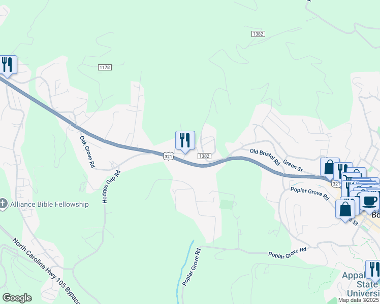 map of restaurants, bars, coffee shops, grocery stores, and more near 1557 North Carolina 194 in Boone