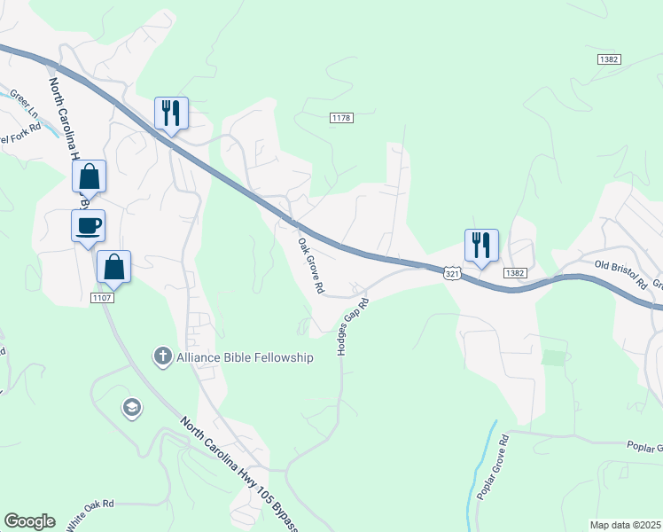 map of restaurants, bars, coffee shops, grocery stores, and more near 358 Oak Grove Road in Boone