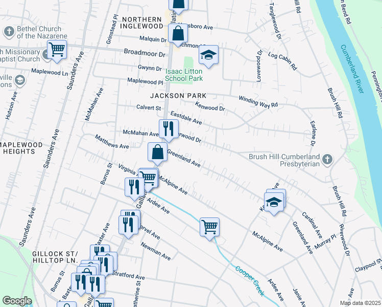 map of restaurants, bars, coffee shops, grocery stores, and more near 1114 Greenland Avenue in Nashville