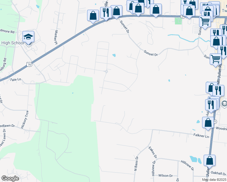 map of restaurants, bars, coffee shops, grocery stores, and more near 1085 Watermark Way in Mt. Juliet