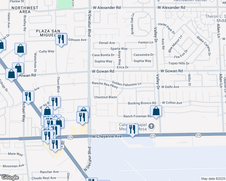 map of restaurants, bars, coffee shops, grocery stores, and more near 3444 Silver Bridle Place in North Las Vegas