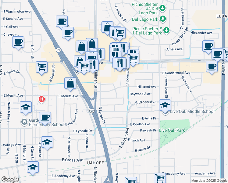 map of restaurants, bars, coffee shops, grocery stores, and more near 1567 East Hillcrest Avenue in Tulare