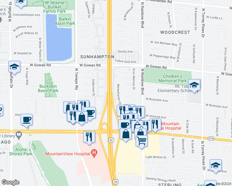 map of restaurants, bars, coffee shops, grocery stores, and more near 3408 Winterhaven Street in Las Vegas