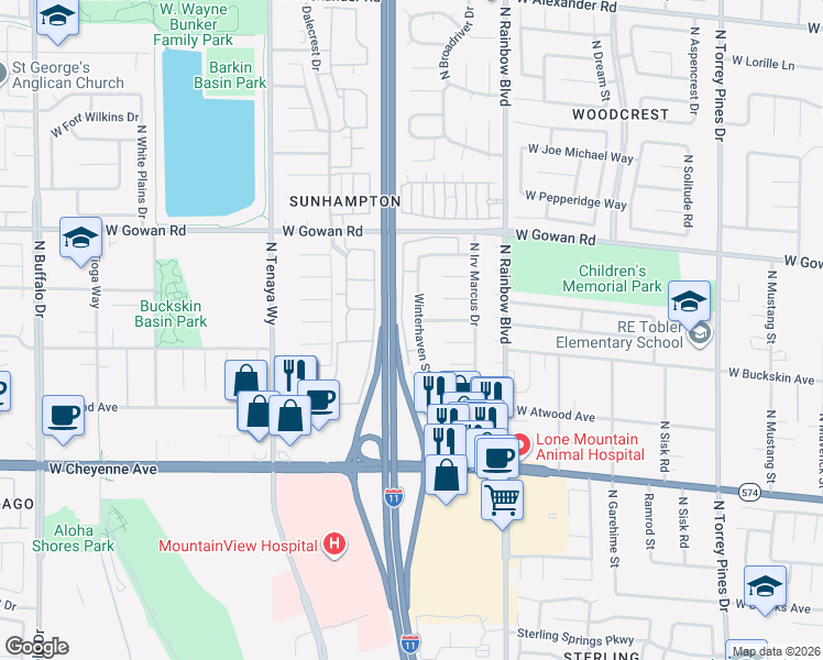 map of restaurants, bars, coffee shops, grocery stores, and more near 3408 Winterhaven Street in Las Vegas