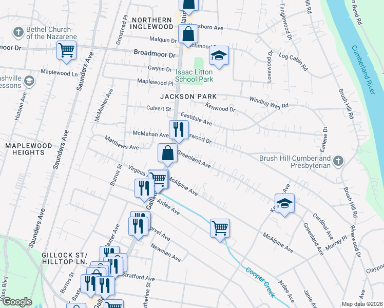 map of restaurants, bars, coffee shops, grocery stores, and more near 1111 Greenland Avenue in Nashville