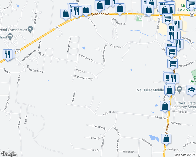 map of restaurants, bars, coffee shops, grocery stores, and more near 4029 Welty Lane in Mt. Juliet