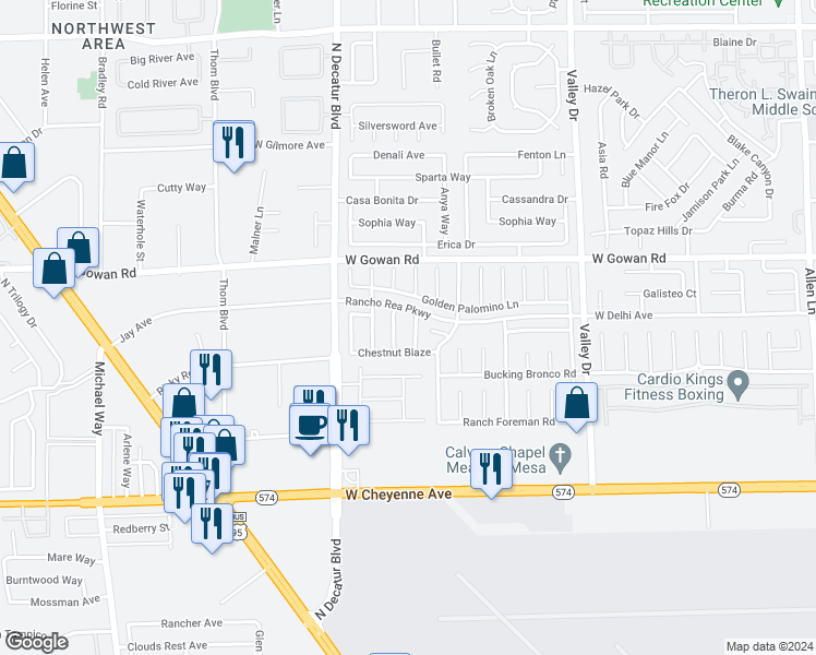 map of restaurants, bars, coffee shops, grocery stores, and more near 3445 Silver Bridle Place in North Las Vegas