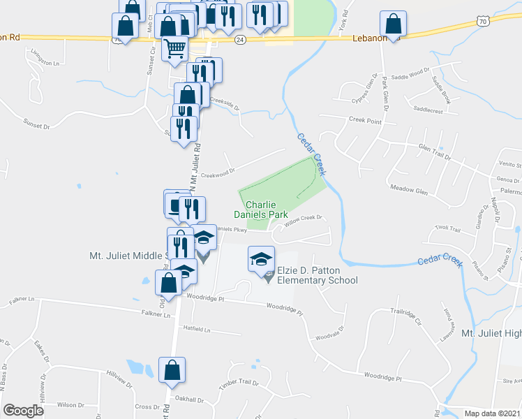 map of restaurants, bars, coffee shops, grocery stores, and more near 1075 Charlie Daniels Parkway in Mt. Juliet