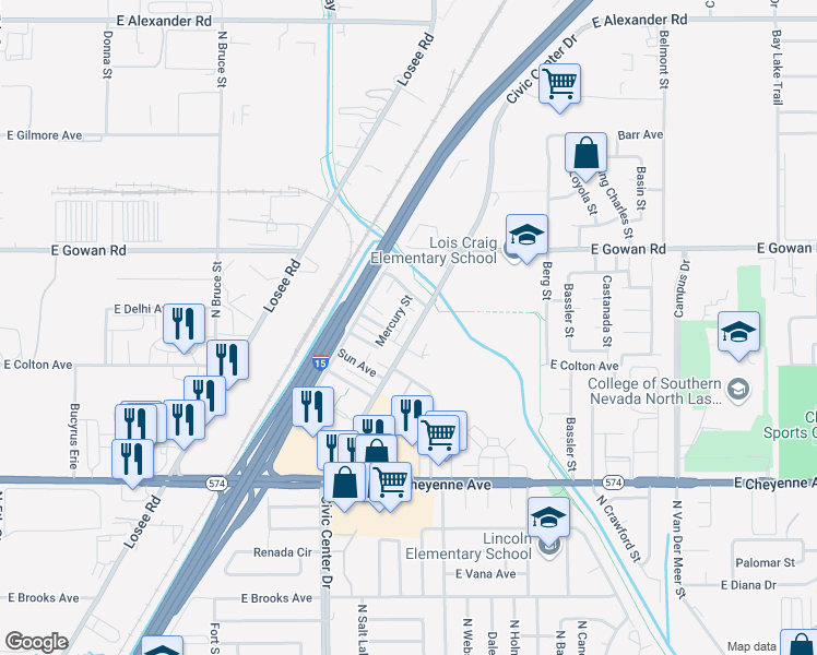 map of restaurants, bars, coffee shops, grocery stores, and more near 3417 Civic Center Drive in North Las Vegas
