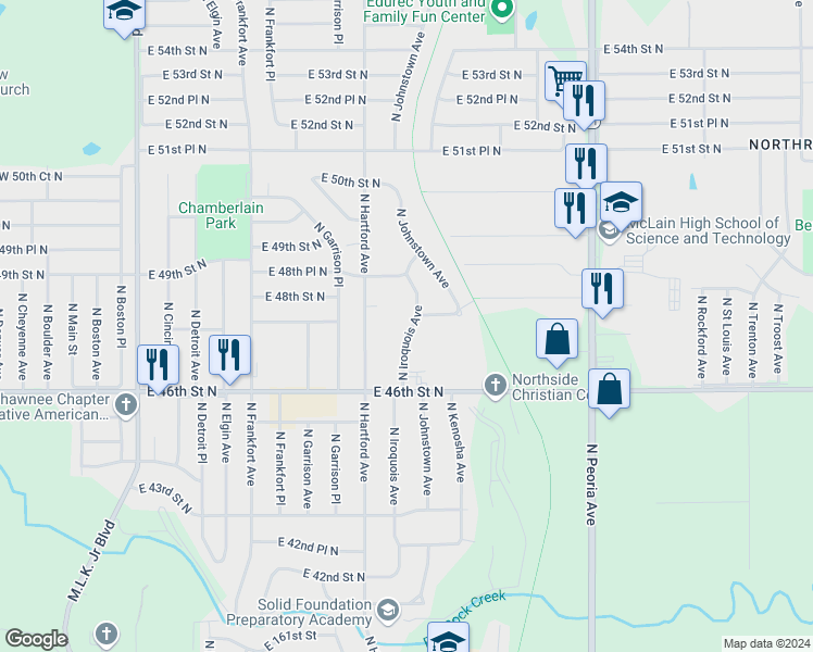map of restaurants, bars, coffee shops, grocery stores, and more near 4652 North Iroquois Avenue in Tulsa