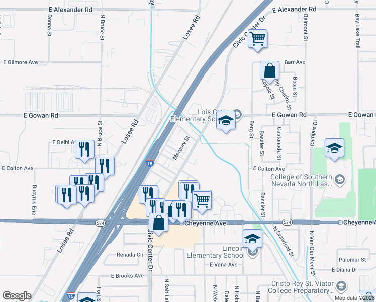 map of restaurants, bars, coffee shops, grocery stores, and more near 2300 Seco Adobe Circle in North Las Vegas