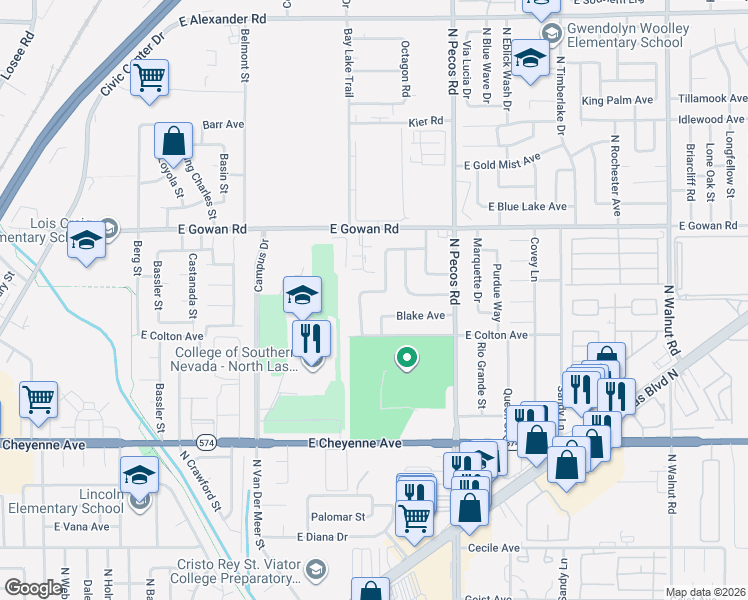map of restaurants, bars, coffee shops, grocery stores, and more near 3412 Landau Street in North Las Vegas
