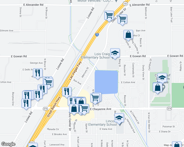 map of restaurants, bars, coffee shops, grocery stores, and more near 2300 Seco Adobe Circle in North Las Vegas