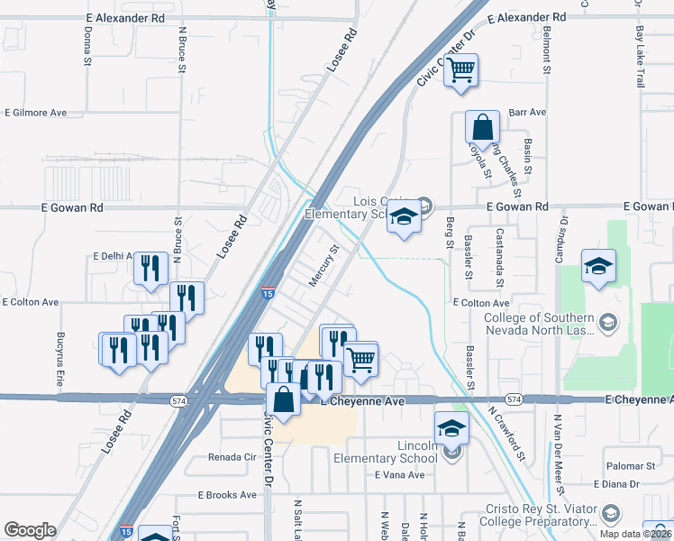 map of restaurants, bars, coffee shops, grocery stores, and more near 2300 Seco Adobe Circle in North Las Vegas