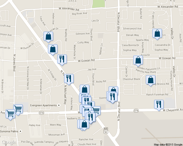 map of restaurants, bars, coffee shops, grocery stores, and more near 3405 Thom Boulevard in Las Vegas