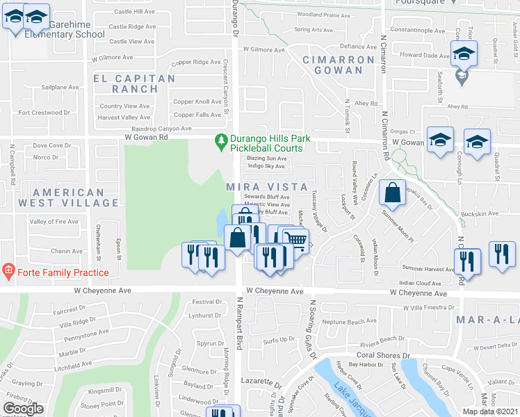 map of restaurants, bars, coffee shops, grocery stores, and more near 3350 North Durango Drive in Las Vegas
