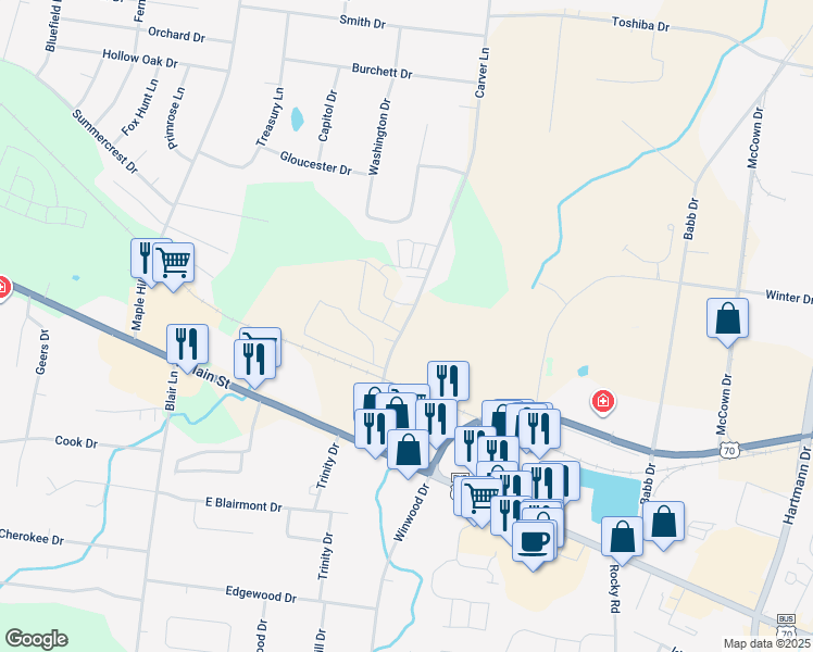 map of restaurants, bars, coffee shops, grocery stores, and more near 201 Carver Lane in Lebanon
