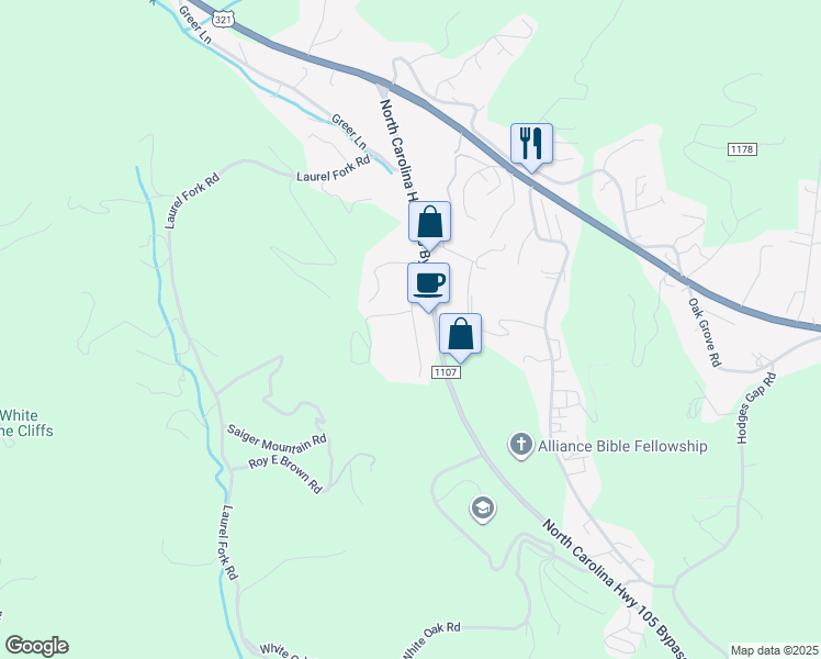 map of restaurants, bars, coffee shops, grocery stores, and more near 250 Hodges Valley Road in Boone