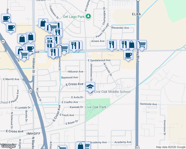 map of restaurants, bars, coffee shops, grocery stores, and more near 1172 Jamestown Street in Tulare