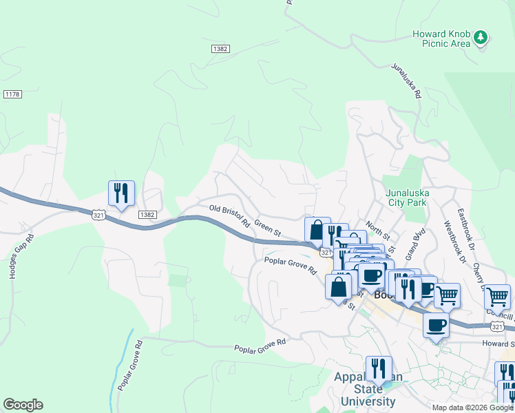 map of restaurants, bars, coffee shops, grocery stores, and more near 279 Green Street in Blowing Rock