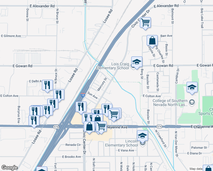 map of restaurants, bars, coffee shops, grocery stores, and more near 3417 Civic Center Drive in North Las Vegas
