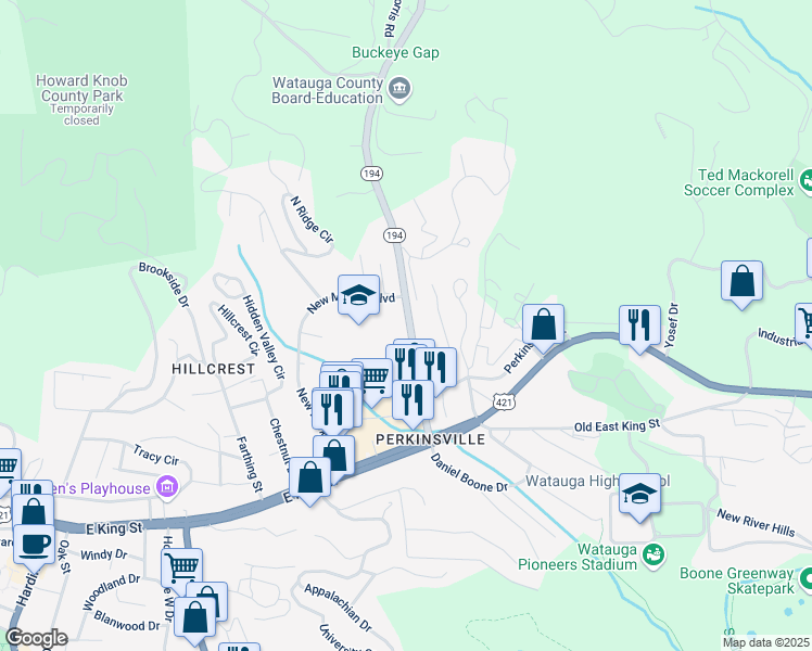 map of restaurants, bars, coffee shops, grocery stores, and more near 361 Jefferson Road in Boone