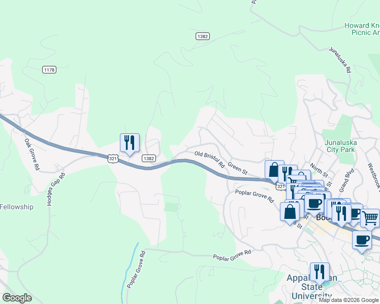 map of restaurants, bars, coffee shops, grocery stores, and more near 285 Old Bristol Road in Boone