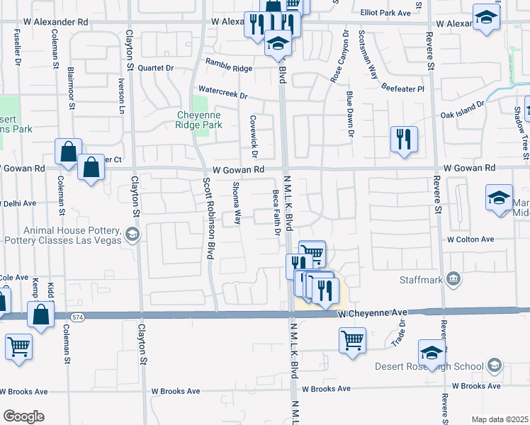 map of restaurants, bars, coffee shops, grocery stores, and more near 1533 Honey Vista Lane in North Las Vegas