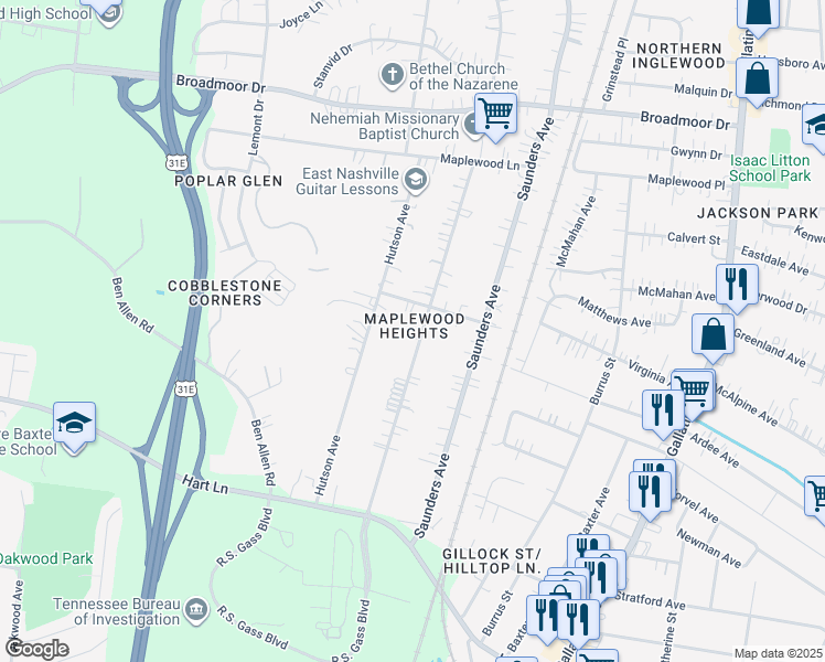 map of restaurants, bars, coffee shops, grocery stores, and more near 4033 Edwards Avenue in Nashville