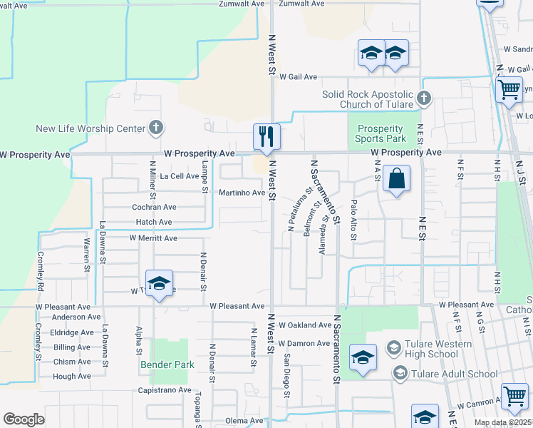 map of restaurants, bars, coffee shops, grocery stores, and more near 1300 Olympia Avenue in Tulare