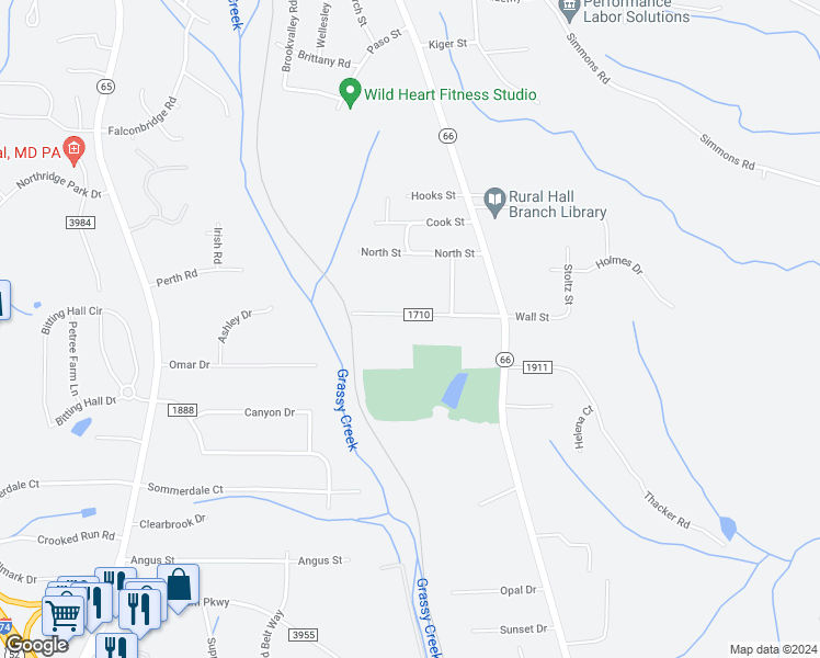 map of restaurants, bars, coffee shops, grocery stores, and more near 334 West Wall Street in Rural Hall