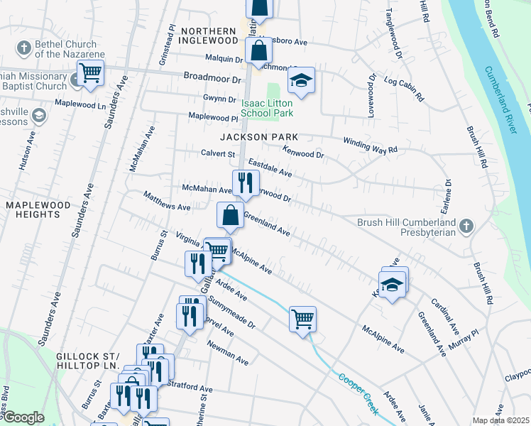 map of restaurants, bars, coffee shops, grocery stores, and more near 1114 Greenland Avenue in Nashville