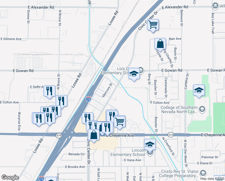 map of restaurants, bars, coffee shops, grocery stores, and more near 3417 Civic Center Drive in North Las Vegas