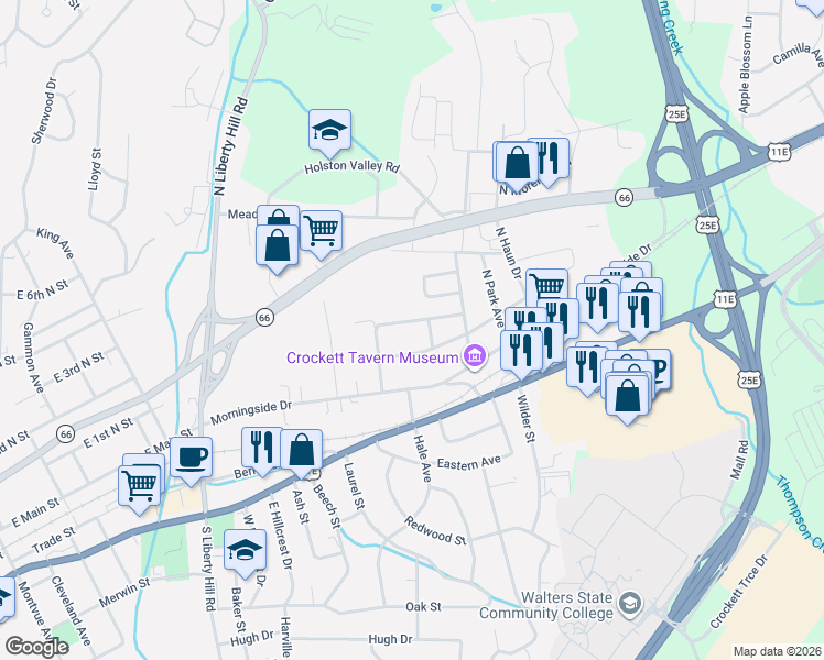 map of restaurants, bars, coffee shops, grocery stores, and more near 1855 Magnolia Avenue in Morristown
