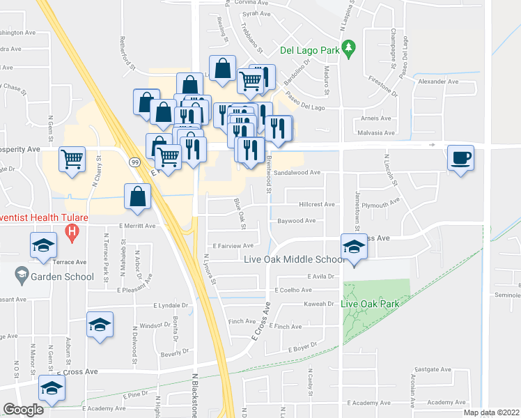 map of restaurants, bars, coffee shops, grocery stores, and more near 1373 Hillcrest Avenue in Tulare