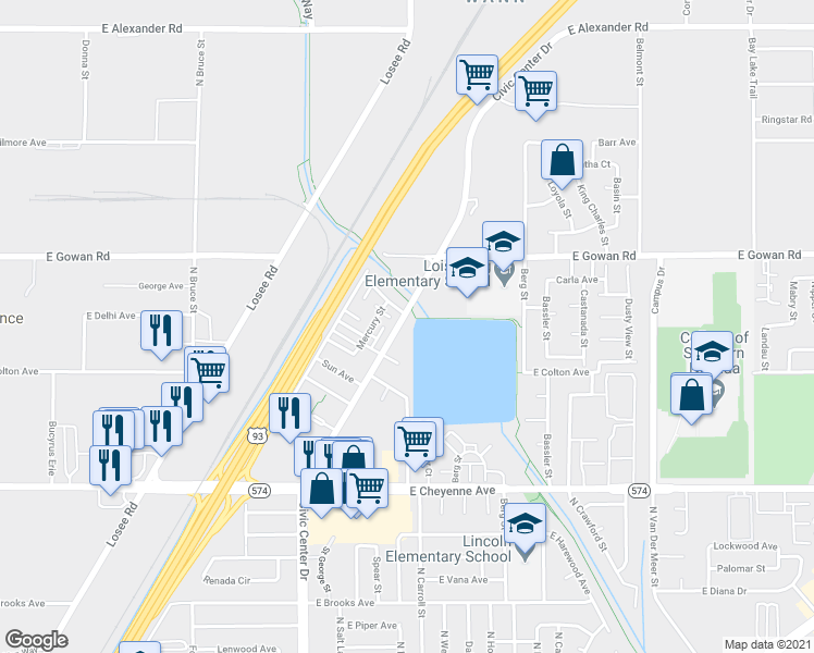 map of restaurants, bars, coffee shops, grocery stores, and more near 3500a Mercury Street in North Las Vegas