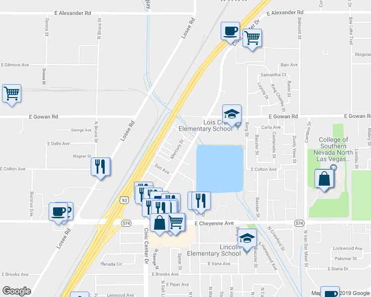 map of restaurants, bars, coffee shops, grocery stores, and more near 3500a Mercury Street in North Las Vegas