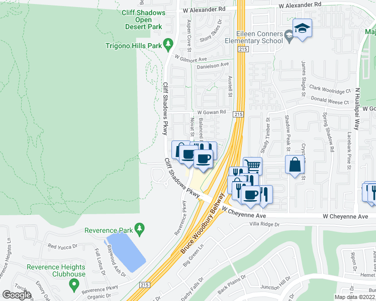 map of restaurants, bars, coffee shops, grocery stores, and more near 3401 Cactus Mountain Street in Las Vegas